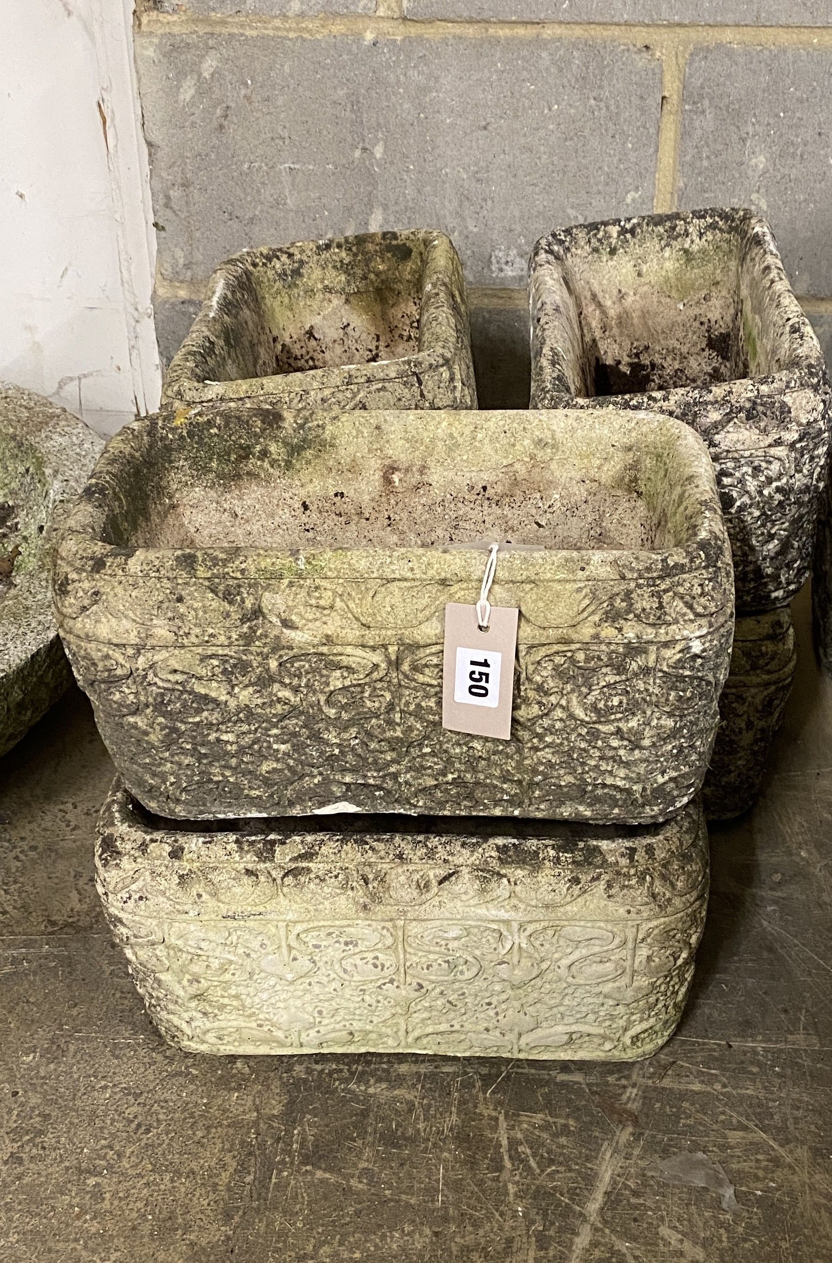 Six rectangular reconstituted stone garden planters, width 34cm, depth 18cm, height 18cm